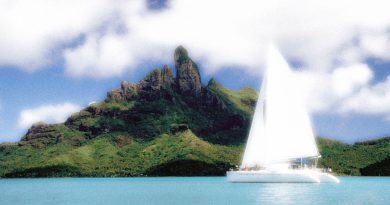 Catamarán frente a isla verde y montañosa